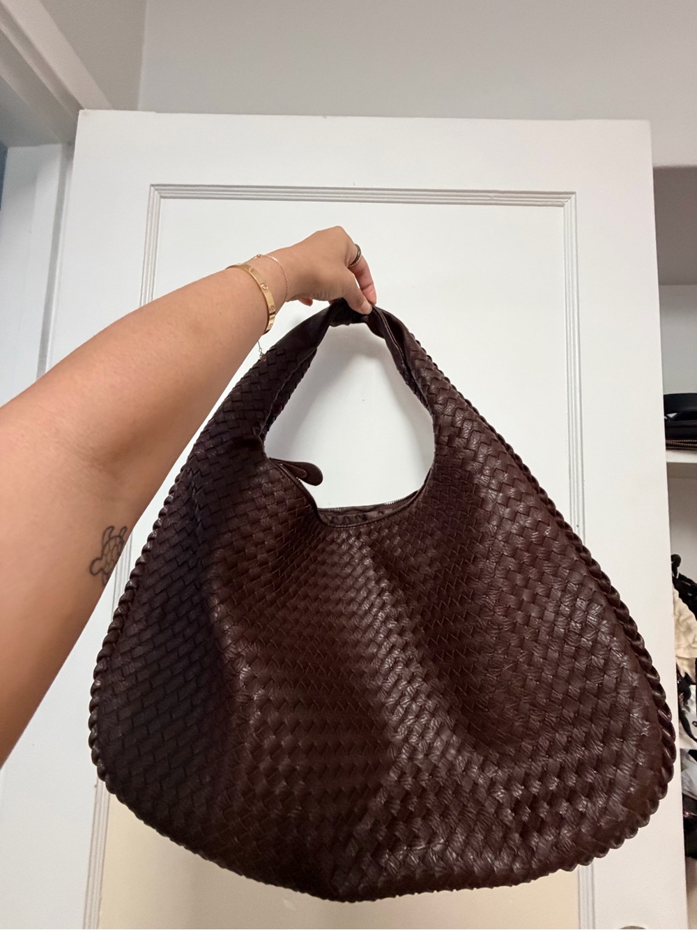 Woven Hobo Shoulder Bag - Dark Brown
